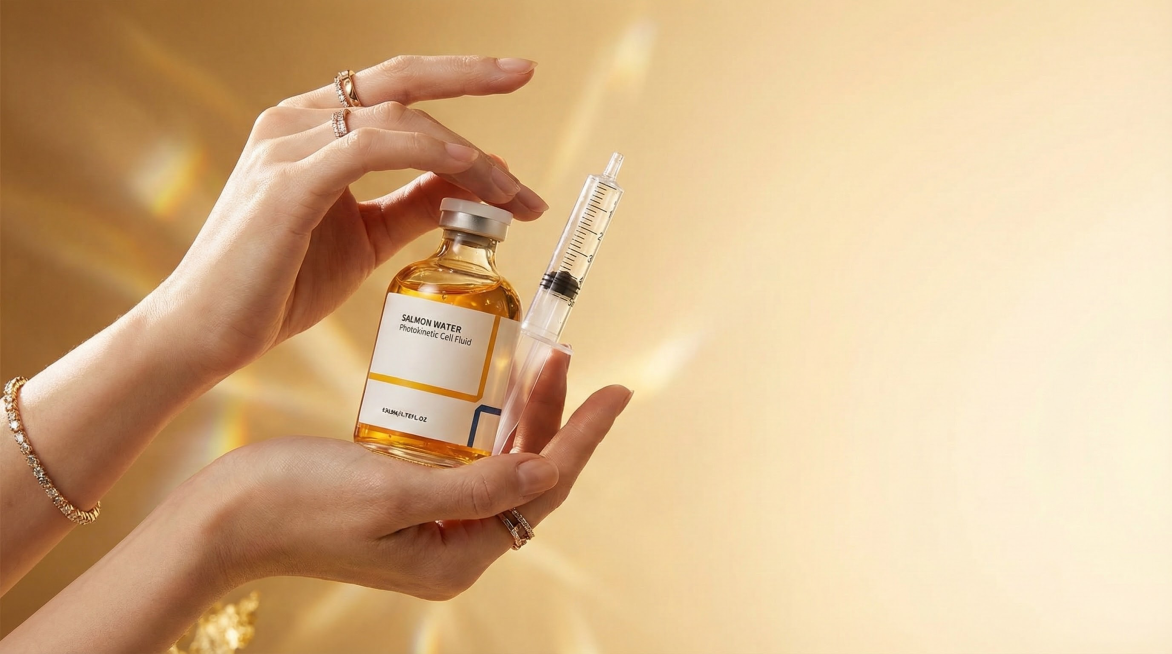 以图中的三文鱼抗皱精华液为元素,欧美女人使用三文鱼抗皱精华液护肤,紧致提拉，保湿,物体主体特征不变,设计6张跟三文鱼抗皱精华液有关的图,比例 「16:9」预览效果