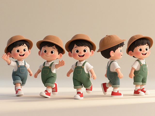 该套装包含六个3D动画角色，描绘的是一岁左右的亚洲男孩。虽然他们的姿势和角度各不相同，但他们都拥有相同的可爱核心元素：棕色渔夫帽、白色衬衫、苔绿色牛仔背带裤、红色鞋子和白色袜子。整体色调为奶油色，背景为纯色。角色五官圆润，眼睛大大的，表情夸张可爱，脸颊胖乎乎的，嘴唇咧着，留着黑色短发。每个男孩的姿势各不相同（例如挥手、跳跃、行走、站立、转身和微笑），但他们都穿着相同的服装。所有图像都整齐地排列在单