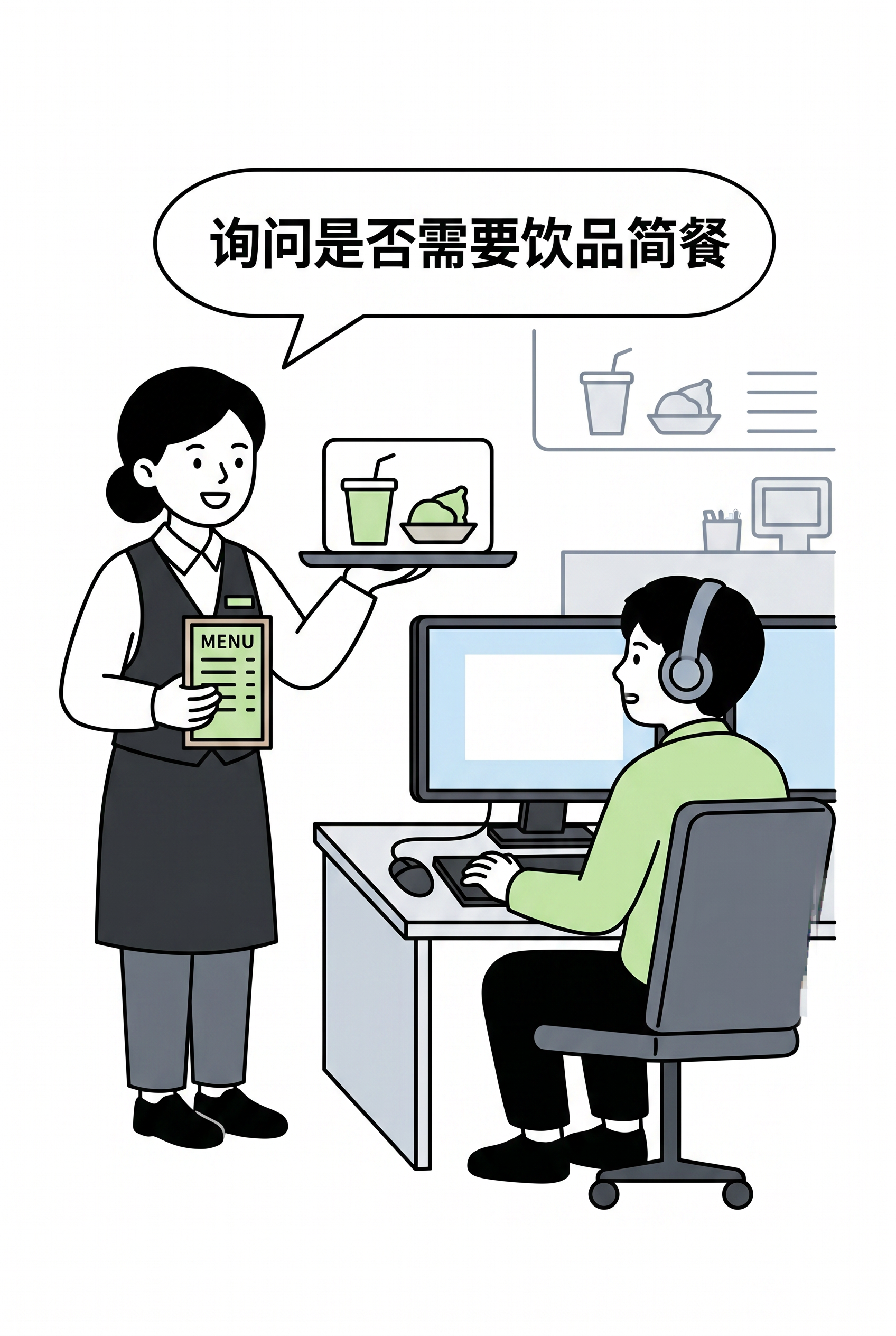 简笔画，矢量图形，扁平风，主题是"询问是否需要饮品简餐"，网吧… - 图片创意预览