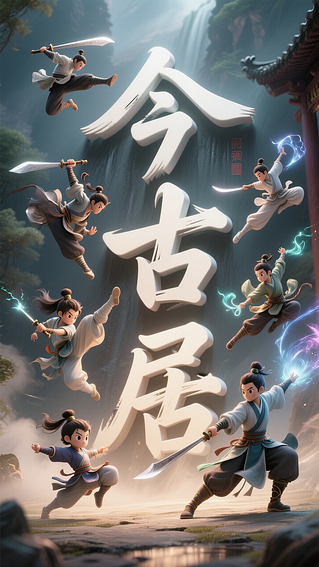 主体呈现为以多个3D角色极限运动动作，如：后空翻，回旋踢，刺，砍，批，甩；各种各样风格角色，如仙侠、武侠、Q版人物、魔幻、真实风格等各种各样风格角色，，呈现出动作的动感，精心装点而成的立体艺术汉字“今古居”，超现实，光影，离子光，梦幻，超高清画质，