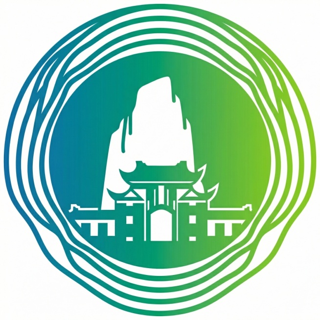 结合两个logo设计新logo，遵循格式塔心理学的连续闭合、对称、简洁原则。保留图1的环形渐变线条和方形负形，融入图2的独秀峰建筑轮廓，将方形负形替换为简化的独秀峰与校门造型，整体采用对称布局，环形线预览效果