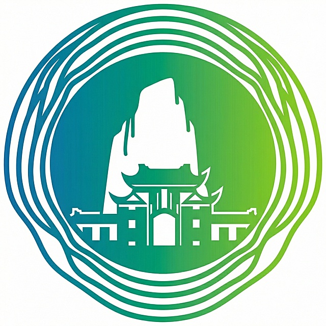 结合两个logo设计新logo，遵循格式塔心理学的连续闭合、对称、简洁原则。保留图1的环形渐变线条和方形负形，融入图2的独秀峰建筑轮廓，将方形负形替换为简化的独秀峰与校门造型，整体采用对称布局，环形线条围绕建筑形成连续闭合的视觉效果，色彩使用图1的蓝绿渐变，风格简洁现代，体现品牌的传承与创新