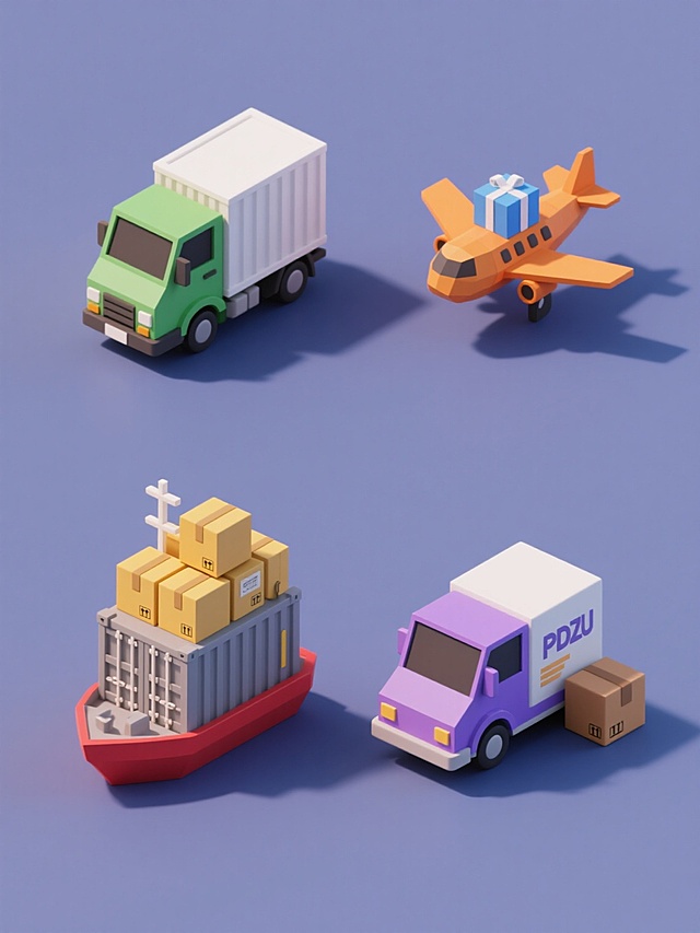 一套四个不同物流运输元素的3D渲染图标集合，保持低多边形3D风格，柔和均匀的全局光照，轻微阴影增强立体感，简洁的卡通化设计语言，纯色背景，整体色彩方案统一但每个图标有不同主色调，规整的网格布局排列。第一个图标：绿色车头的白色集装箱卡车与堆叠的黄色货物箱；第二个图标：橙色的货运飞机与蓝色包裹；第三个图标：红色的货运轮船与灰色集装箱；第四个图标：紫色的快递配送车与棕色纸箱。所有元素保持相同的简约3D风格、光照效果和构图比例，形成视觉协调的系列素材。