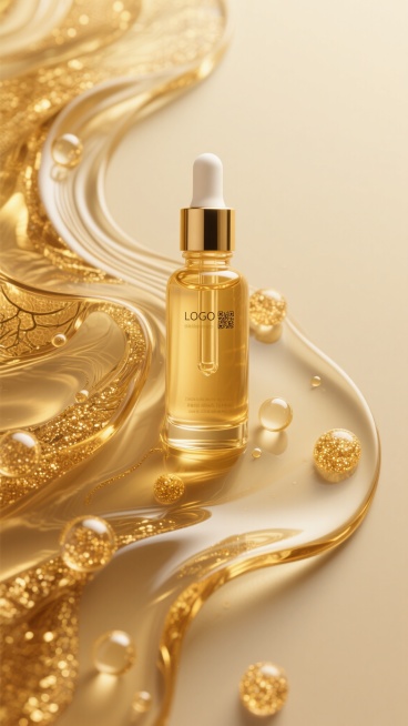 金色透明的精华液以流动的形态占据画面主体，呈现出不同区域的独特纹路，部分区域光滑如镜，部分区域布满细密的纹理和不规则的涟漪，大小不一的圆润气泡悬浮其中，有的气泡包裹着微小的金色颗粒，背景为柔和的米黄色渐变，整体光影效果突出，高光处闪耀着细腻的光泽，阴影部分则呈现出温暖的琥珀色调，营造出奢华、纯净且富有质感的视觉效果，画面中无任何文字、LOGO及二维码元素。预览效果