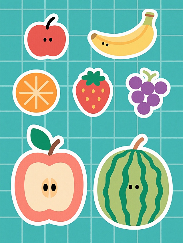 系列水果插画集合，六个不同水果（苹果、香蕉、橙子、草莓、葡萄、西瓜），每个水果均为卡通扁平风格，单一纯色背景（每个水果背景色不同但保持和谐统一色调），粗轮廓线条勾勒，内部填充均匀色块，无渐变无阴影，简洁明快的儿童插画风格，水果形态特征简化且易于识别，规整的网格状排布，整体画面干净清爽，色彩鲜明且对比度适中，符合扁平化设计美学