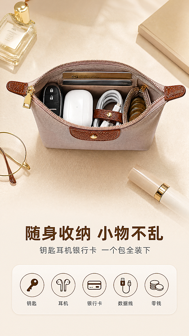 [商品] 使用【图1】迷你饺子包，奶茶色尼龙、棕色皮标、金色五金；保留产品结构、颜色、材质与五金细节；饺子包拉链拉开，内部整齐摆放钥匙、耳机、银行卡、数据线、零钱；增强面料纹理与金属光泽。
[画面] 目标：随身收纳场景，展示日常小物件分类收纳。构图：上下结构，上半区俯拍视角，饺子包打开平放于米色桌面，内部物品分类清晰可见，旁边散落少量小物件做对比；下半区文案区。景别：俯拍中景。前中后景：前景桌面小物件、中景打开的饺子包、后景暖米色渐变背景。阅读动线：从上到下。
[视觉] 套系策略：风格=暖调高级商业摄影，精致影棚质感；标题字=现代黑体粗体，字重厚重；正文字=简洁无衬线黑体；主色=奶茶米杏色；背景延展=基于奶茶米杏做深浅渐变、同色系层次与细腻纸张/织物质感；强调色=深棕褐色，仅用于小面积图标、引线和标签；标题色=深棕褐色；正文色=中暖灰色；组件=圆角浅底信息卡、细线引线、胶囊标签；光影=顶部45度暖柔光，均匀打亮桌面与产品。
[文字] 底部主标题：随身收纳 小物不乱；副标题：钥匙耳机银行卡 一个包全装下；下方5个图标+短标签横排：钥匙、耳机、银行卡、数据线、零钱。文字横排，字号清晰。
[规格] 图片比例9:16竖版，4K分辨率，负向提示：避免变形、错字、文字过小、冷蓝/蓝灰背景、产品颜色改变、版型失真、水印、二维码。