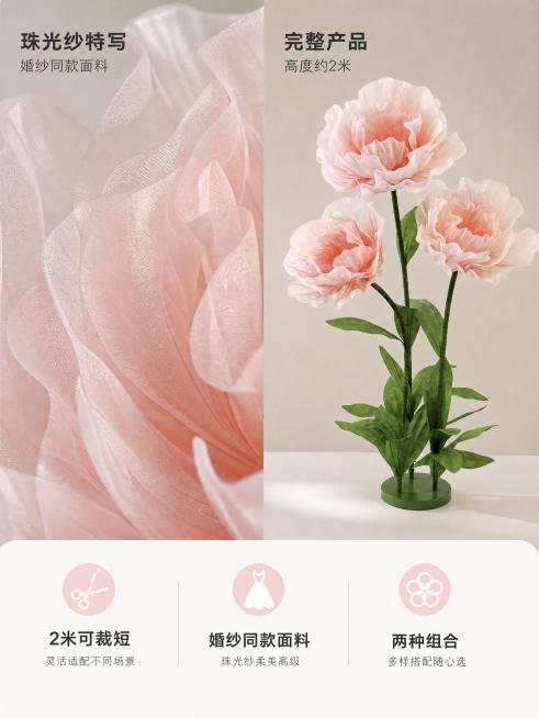 [主图2]材质细节图，左珠光纱特写右完整产品，保外观一致，卖点：婚纱同款面料、2米可裁短、两种组合，3:4，清晰商业摄影，4K，负向：变形遮挡。预览效果