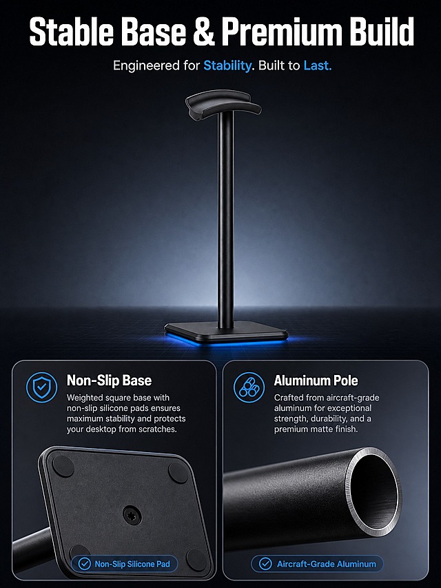 [主图-6] Headphone Stand 材质细节与稳定底座图，主题为 Stable Base & Premium Material 稳定底座与优质材质。
[统一基调] 冷灰科技感克制信息图风格，深灰科技背景，白色主标题，亮蓝色强调，圆角细节卡片，无衬线粗体标题字。
[画面] 画面上方为耳机支架整体侧视图，展示稳定放置状态。画面下方用两个圆角细节卡片分别展示关键材质证据：左侧卡片放大展示方形底座底部，可见防滑硅胶垫设计，标注 "Non-Slip Silicone Pad"，体现稳定性和防刮功能；右侧卡片放大展示铝合金立杆截面或表面纹理，标注 "Aircraft-Grade Aluminum"，体现材质强度和质感。画面顶部有大标题。整体突出产品的稳固性和高品质材料，底座的重量感和防滑设计是核心表达点。
[光影质感] 商业产品微距摄影质感，细节卡片内的材质纹理清晰可见，金属反光真实，硅胶质感柔软，整体高级感强。
[配色] 深冷灰渐变背景，产品黑色，标题白色，细节卡片浅灰底白字，强调元素用科技蓝。
[文字版式] 顶部大标题 "Stable Base & Premium Build"，每张细节卡片上方有小标题 "Non-Slip Base" 和 "Aluminum Pole"，卡片内有简短说明文字。字体统一为现代无衬线体，标题粗体大号，说明文字小号。
[输出要求] 比例3:4，材质细节清晰，文字可读，产品清晰，无变形，无水印，无平台Logo，无中文。