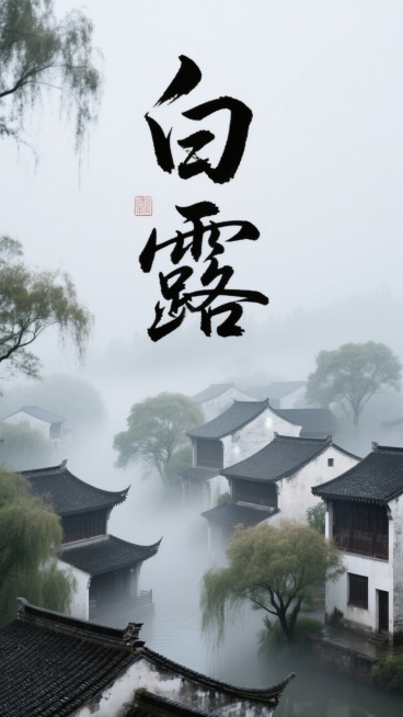 中国风水墨画，古雅建筑群落，树木点缀，雾气朦胧营造意境，书法字体“白露”预览效果