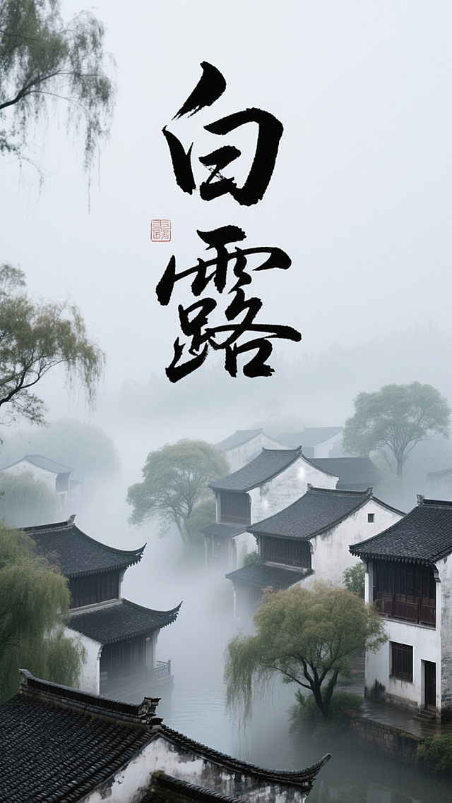 中国风水墨画，古雅建筑群落，树木点缀，雾气朦胧营造意境，书法字体“白露”