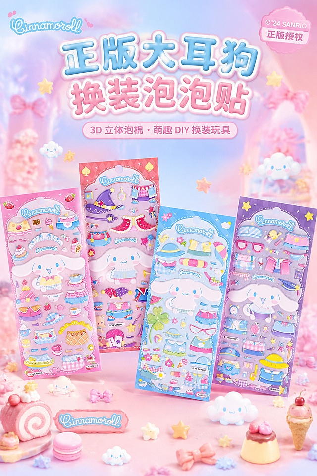 第1屏：详情页首屏KV主视觉。2:3竖版，8K超高清商业产品摄影，柔雾粉蓝渐变柔焦背景，整体视觉为马卡龙清新风 + 奶油治愈卡通风，低饱和柔和马卡龙配色，画面干净高级无割裂感；字体统一使用圆润卡通气泡字体，搭配薄阴影立体效果，柔和饱满无尖锐棱角。画面中下部错落摆放四款大耳狗换装泡棉贴纸，前后轻微遮挡形成层次，不做生硬对齐排列，周边点缀迷你云朵、蝴蝶结、甜点、星星等软萌小元素，光影为柔和侧逆光，边缘带淡淡光晕，整体氛围梦幻治愈。严格还原上传的产品图，包括包装设计、颜色、LOGO位置、文字内容、图案元素等所有细节，单卡尺寸9.5cm×22cm，产品色彩准确还原，不失真。基础排版采用上下层级排版，圆润卡通气泡字体，薄阴影立体效果，主标题柔和醒目，副标题纤细轻盈。画面上部居中放置主标题，主标题下方搭配副标题，四款产品占据画面中下部核心视觉区，右上角点缀迷你正版授权角标。主标题："正版大耳狗 换装泡泡贴" 圆润气泡立体大字；副标题："3D 立体泡棉・萌趣 DIY 换装玩具" 细体卡通小字。排版形式：上下分层对称排版，顶部文字区，中部产品主视觉区，底部弱化装饰元素。设计感强调：首屏主打颜值与氛围感，柔焦背景 + 软萌元素强化治愈感，错落摆放避免呆板，突出正版 IP 形象与全系列丰富感，第一时间抓住三丽鸥爱好者与家长的注意力，奠定整体高级萌系的视觉基调。