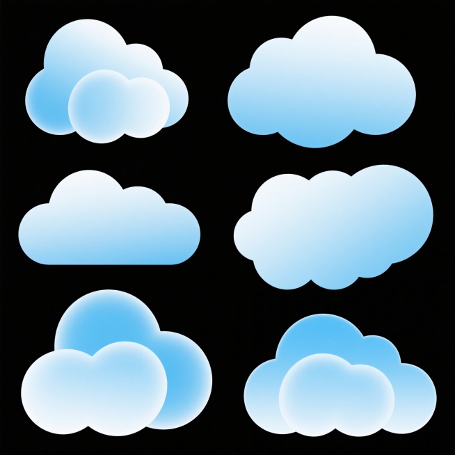 一套由6个不同造型和角度的云朵组成的系列素材集合，每个云朵都采用柔和的天蓝色渐变填充，具有轻盈蓬松的质感和细腻的边缘过渡，整体呈现出简约现代的设计风格，所有云朵元素规整地排布在纯白色的纯色背景上，保持统一的色彩搭配和视觉效果。预览效果