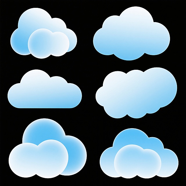 一套由6个不同造型和角度的云朵组成的系列素材集合，每个云朵都采用柔和的天蓝色渐变填充，具有轻盈蓬松的质感和细腻的边缘过渡，整体呈现出简约现代的设计风格，所有云朵元素规整地排布在纯白色的纯色背景上，保持统一的色彩搭配和视觉效果。