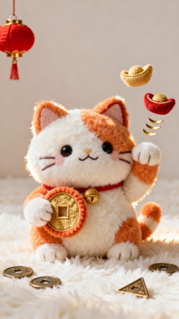 Q 版招财猫，橘白短绒肌理 + 蓬松纤维感，边缘柔和毛边，高光集中在毛发凸起处，左爪抱 1 枚毛绒包边金币，右侧漂浮 2 枚迷你毛绒元宝 + 3 片金片（弧形环绕），背景是奶白色毛绒地毯，散落 3 枚预览效果