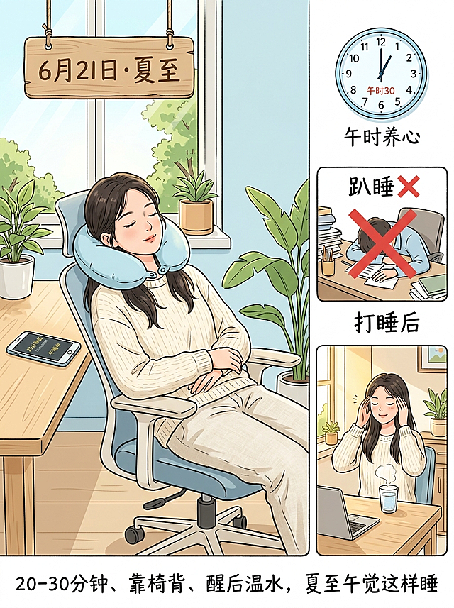明亮简洁的办公室或居家场景，一位年轻女性靠在椅背上闭眼午睡，颈部垫着U型枕，表情放松。旁边的手机闹钟显示“25分钟后”。画面中有一个时钟特写，指针指向12:30，标注“午时养心”。右侧有一个小分镜展示错误示范：一个人趴桌午睡，打红叉，标注“趴睡❌”。睡醒后的分镜中，她正在喝温水、揉太阳穴。背景有夏至节气标签“6月21日·夏至”，窗外有明媚阳光。整体色调浅蓝、米白，清新柔和。手绘插画风格，清晰活泼。画面下方写一行小字“20-30分钟、靠椅背、醒后温水，夏至午觉这样睡”。