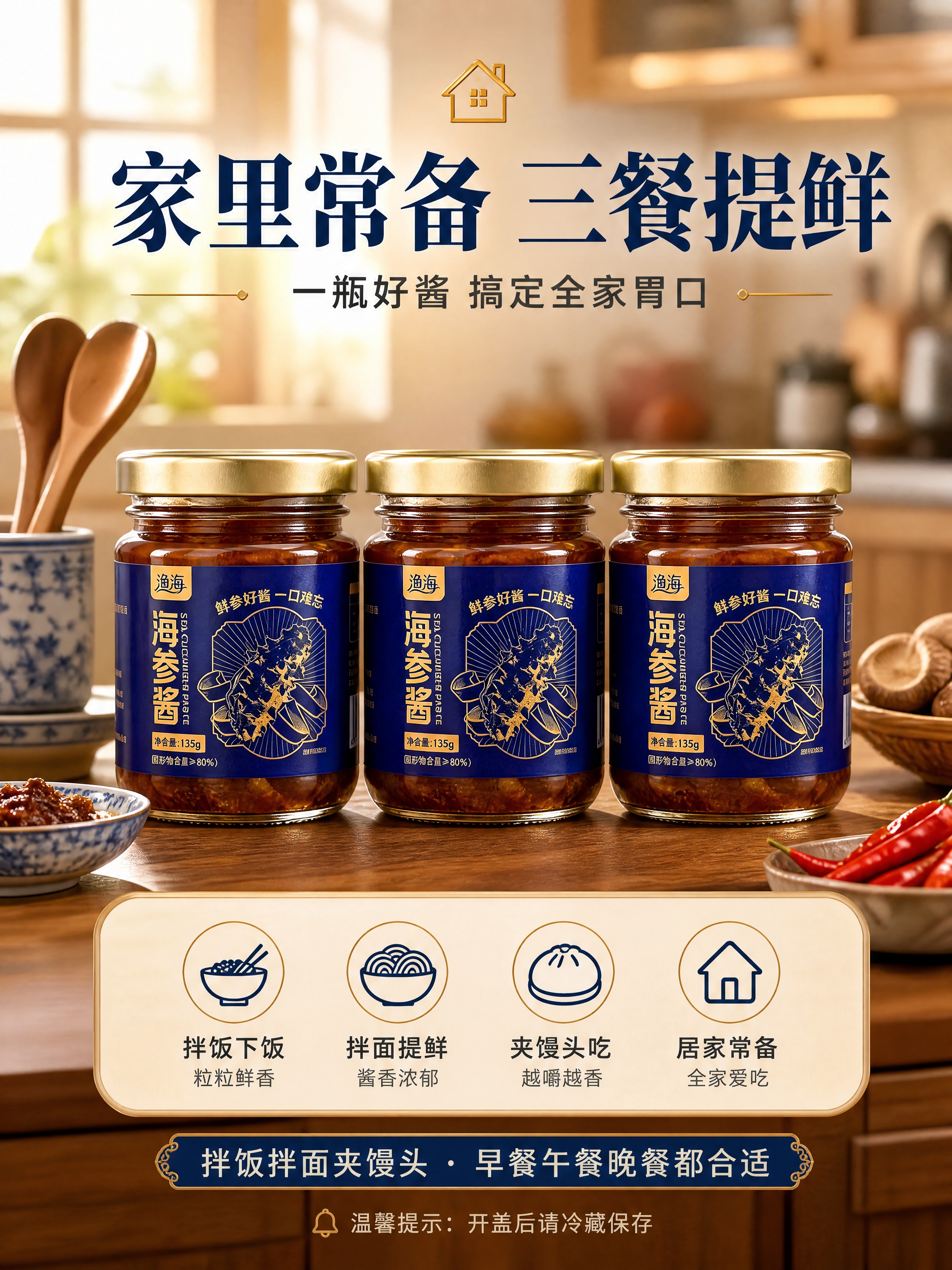 [商品] 使用【图1】渔海海参酱产品，多瓶陈列；保留每瓶瓶身结… - 图片创意预览