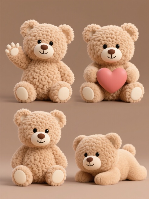 一套4个不同造型的浅棕色卷毛小熊毛绒玩具，保持3D立体风格，每个小熊姿态各异（如挥手、抱爱心、坐立、趴卧），均有圆润的身体、黑色圆眼睛、棕色鼻子、微笑嘴型和米白色脚掌，纯色背景，规整排布成系列素材集合，展现柔软的毛绒质感和可爱温馨的氛围。预览效果