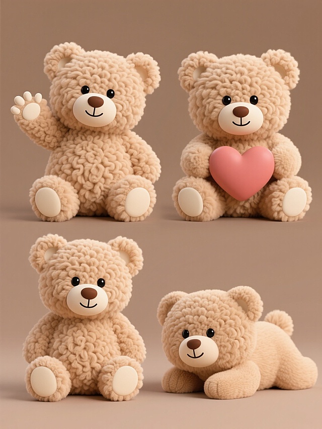 一套4个不同造型的浅棕色卷毛小熊毛绒玩具，保持3D立体风格，每个小熊姿态各异（如挥手、抱爱心、坐立、趴卧），均有圆润的身体、黑色圆眼睛、棕色鼻子、微笑嘴型和米白色脚掌，纯色背景，规整排布成系列素材集合，展现柔软的毛绒质感和可爱温馨的氛围。