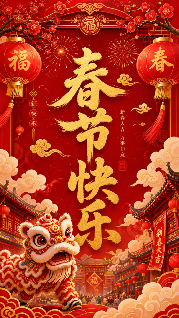 春节主题中国传统节日海报，传统中国红配色，画面中央有金色书法字体"春节快乐"，点缀红灯笼、舞狮元素，国风插画风格预览效果