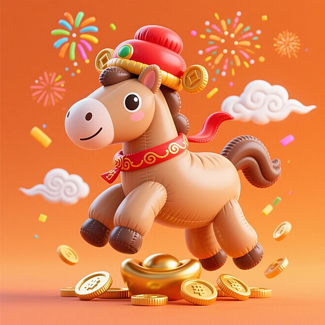 软3D风格的卡通马，充气感十足，戴红财神帽，脖子系烫金纹红飘带，跳跃于金币与金元宝，背景橙色，带烟花祥云，喜庆可爱，节日氛围浓厚。