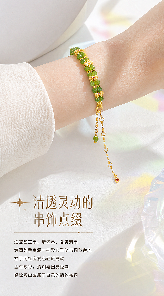 【第6张·小水泡款佩戴页】
[商品] 使用小水泡延长链搭配碧玉手串的佩戴效果；将延长链与手串佩戴在女性手腕上，严格还原足金原色、古法金磨砂质感、水泡造型和红宝石镶嵌，红宝石火彩璀璨；手串珠子颜色和金色配件保持原样。
[画面] 画面上半部分为女性手腕侧戴手串特写，水泡延长链自然垂坠在手串扣头处，随手腕角度呈现优雅弧度，手腕穿着浅色米白衣袖。背景完全参考图二图三图四的视觉调性：白色石膏肌理台面+彩色玻璃光影（粉绿黄蓝柔和光斑）+白色弧形石膏体，有柔和光影斜射。下半部分为文案区域。产品占画面50%。
[视觉] 风格=高端时尚轻奢珠宝商业摄影（HAIZE VISION风格）；主标题字=创意设计字体，浅金棕色带金属光泽；正文字=小号无衬线体，深咖暖灰色；主色=纯净奶白+彩色玻璃光影；背景延展=白色石膏肌理+柔和彩色玻璃光斑+白色弧形石膏体；强调色=浅金棕色；组件=细金线+星光装饰分隔；光影=透过彩色玻璃的柔和自然光，皮肤质感自然，宝石火彩璀璨。
[文字] 画面下方左对齐排版：主标题"清透灵动的串饰点缀"（创意设计字体，浅金棕色），标题左侧有星光装饰，标题下方有细金线分隔。下方正文5行："适配碧玉串、翡翠串、各类素串""给简约手串添一抹爱心垂坠与调节余地""抬手间红宝爱心轻轻晃动""金辉映彩，清润氛围感拉满""轻松戴出独属于自己的简约格调"（小号无衬线体，深咖暖灰色）。文字不遮挡手腕和产品。
[规格] 宽度850px，长竖版比例约1:1.8，2K，quality=high。避免手部不自然、延长链佩戴方式错误、黄金发白、文字遮挡产品、宝石无光。