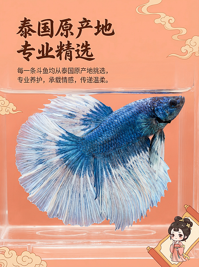 [主图 3] 产品原产地细节展示
[氛围风格] 中国风浅珊瑚橙背景，统一整体风格，真实质感，专业品质感
[画面元素] 商业摄影质感，光线柔和通透，产品清晰真实，画面干净高级。蓝白渐变半月斗鱼特写居中展示，放大展示半月斗鱼优美飘逸的尾鳍细节，保留产品真实纹理质感，背景浅珊瑚橙卡通国风点缀，角落搭配小面积古风美女卡通装饰。
[配色色系] 主色调：浅珊瑚橙；辅助色：产品蓝白自然色彩，深色文字
[视角构图] 特写中心构图，放大突出细节
[文字版式] 左上放置标题 "泰国原产地 专业精选"，古风书法字体，旁边放置精炼说明：每一条斗鱼均从泰国原产地挑选，专业养护，承载情感，传递温柔。文字排版采用左对齐，不遮挡斗鱼主体细节，清晰易读。
[比例分辨率] 3:4 比例，2k 分辨率，文字清晰可辨，超高清
[负向提示词] 变形，水印，文字错乱，产品图模糊，背景杂乱，文字遮挡主体