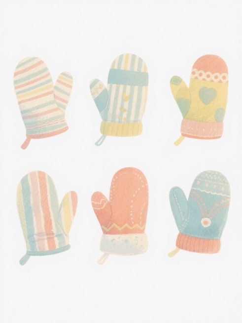 水彩风格插画，6个不同款式、不同类型、不同样式的手套，白色背景，排列整齐，柔和的手绘笔触，明快清新的色彩搭配，每个手套具有独特的设计元素如条纹、图案、形状或装饰细节，整体构图平衡对称，物体边缘带有轻微的模糊晕染效果，色彩过渡自然柔和，保持统一的水彩质感和插画风格，无文字、LOGO及二维码。预览效果