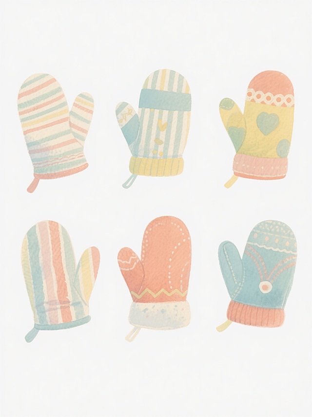 水彩风格插画，6个不同款式、不同类型、不同样式的手套，白色背景，排列整齐，柔和的手绘笔触，明快清新的色彩搭配，每个手套具有独特的设计元素如条纹、图案、形状或装饰细节，整体构图平衡对称，物体边缘带有轻微的模糊晕染效果，色彩过渡自然柔和，保持统一的水彩质感和插画风格，无文字、LOGO及二维码。