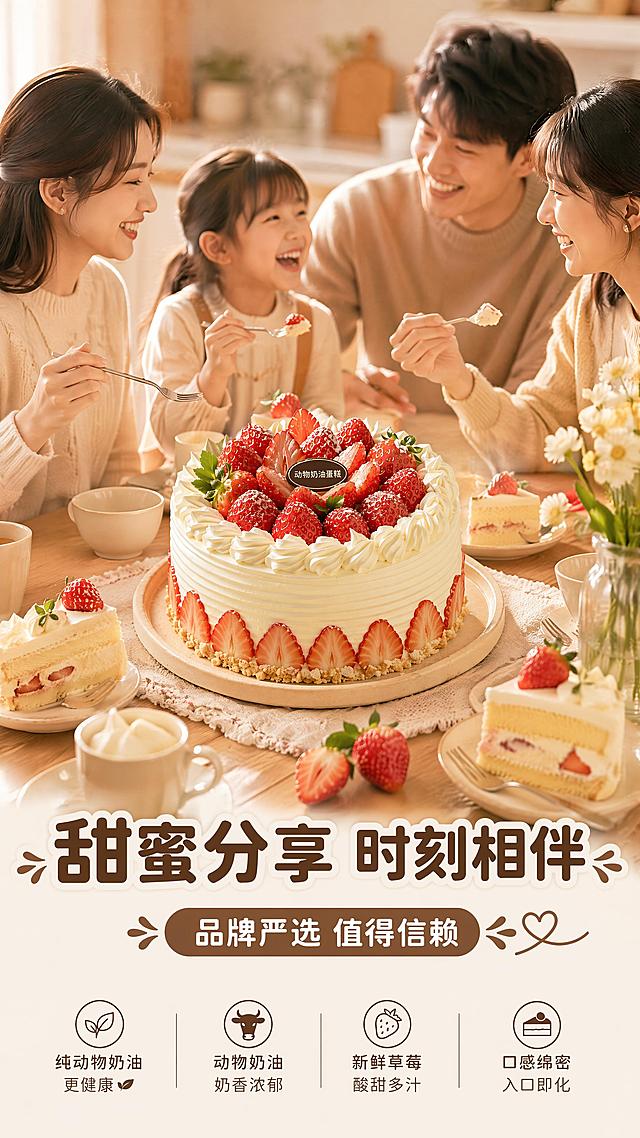 [第8屏] 收尾转化-分享礼赠场景氛围。本屏使用商品图作为主体，展示多人分享场景。
[氛围/风格] 温馨幸福分享氛围，暖调生活感，愉悦情绪感染力。
[元素布局] 整款蛋糕放在餐桌中心，周围放几个盛好切块的小盘子，蛋糕主体占屏约55%，背景虚化温馨家居环境，营造家庭分享或朋友聚会的氛围，蛋糕整体保持原图外观一致。
[光影质感] 暖调室内自然光，整体光线柔和温馨，氛围幸福愉悦。
[配色色系] 全局底色 #FAF6F0；主色暖棕奶黄，延续整体暖调风格，配色统一和谐。
[视角构图] 略微俯视餐桌视角，整体场景舒展，中心蛋糕突出。
[文字版式] 底部标题区域，主标题 "甜蜜分享 时刻相伴"，副标题 "品牌严选 值得信赖"，圆角粗体居中对齐，字体风格全程保持统一。
[比例分辨率] 9:16 竖版比例，4K分辨率，文字清晰可辨，高清画质。
[负向提示词] 蛋糕变形，多人畸形，背景杂乱，文字遮挡主体，水印。