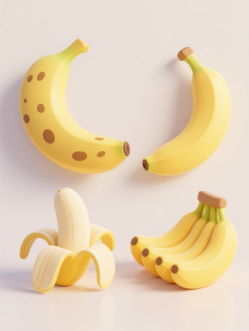 软3D风格的香蕉插画，包含四种不同形态的香蕉：完整带斑点的香蕉、光滑完整的香蕉、剥开一半露出果肉的香蕉、以及一串紧密排列的香蕉，整体造型圆润可爱，线条柔和无棱角，色彩明亮清新，主色调为黄色系并带有自然的渐变过渡，光影效果柔和，高光细腻，阴影浅淡，营造出轻松愉悦的氛围，画面简洁干净，无任何文字和背景元素。预览效果