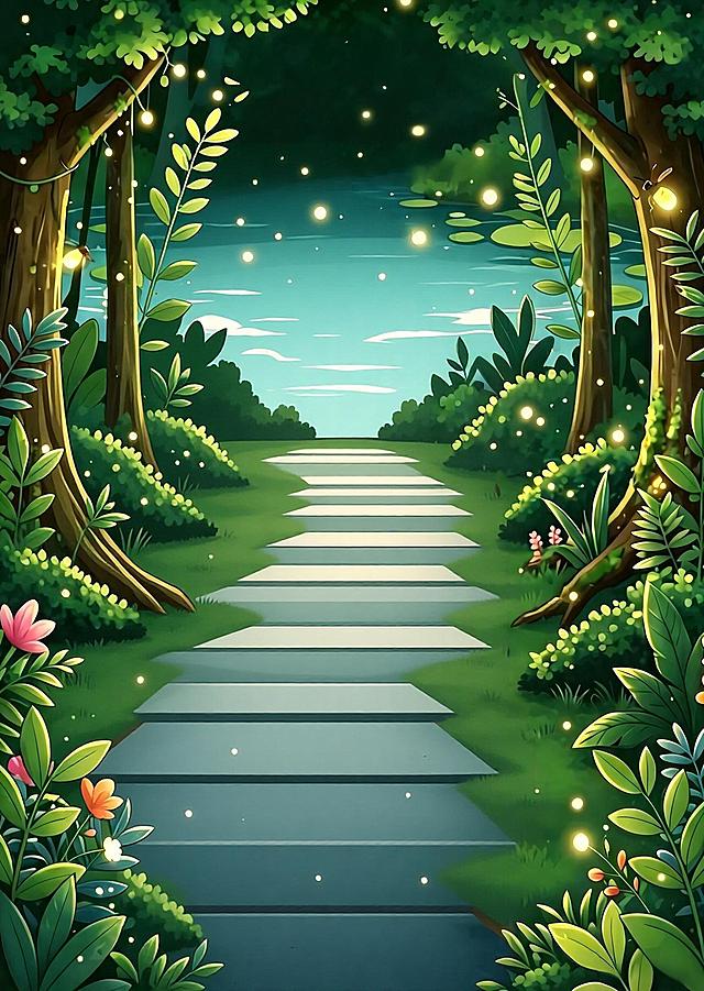 基于原图修改，纠正所有错误文字，将主标题"暑假遛娃好去处 夏夜童趣派对"放大，去除上方日程表格区域和下方游玩温馨提示区域这两个白色框内的全部原有内容，保持整体森林溪流夏夜童趣插画风格不变，保留小男孩和青蛙的主视觉插画，保留整体版式和绿色森林背景
