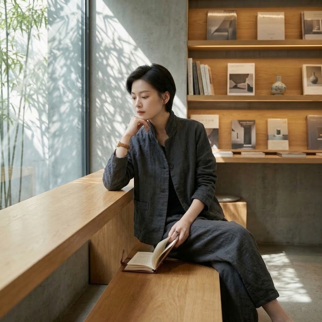 参考原图的炭灰棉麻立领外套和灯笼裤两件套服饰，在极简书屋场景中绘制，场景带有水泥灰墙面和原木色书架，窗外有竹影。重点突出展示服饰面料和版型，模特是清冷气质型女性，伪素颜清淡妆容，留干净慵懒短发，露出颈预览效果