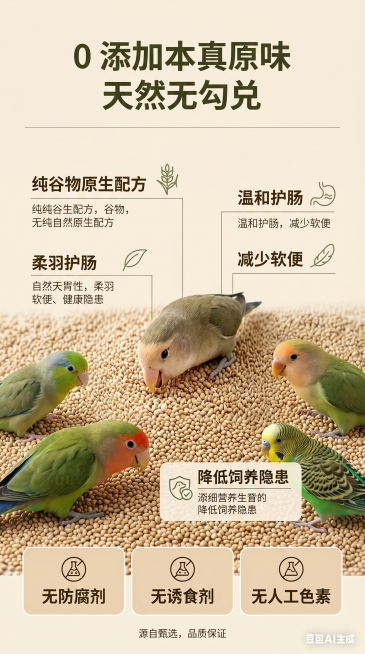 食品安全卖点详情页竖版长图，简约高级竖版排版。画面上方加粗主标题"0 添加本真原味 天然无勾兑"，细横线分割标题区域。画面中下部实景铺满用户上传的加纳利子产品图，搭配鹦鹉自然进食实拍画面。画面底部横向预览效果