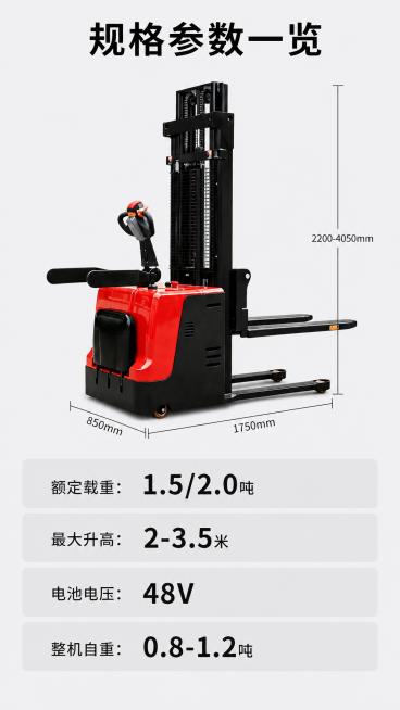 [主图-5] 全电动堆高车完整规格参数展示
[氛围风格] 参数清晰，专业可信
[画质] 商业摄影质感、光线柔和通透、产品清晰真实、画面干净高级
[元素] 全电动堆高车主体居中偏上，标注整机长宽高尺寸线预览效果