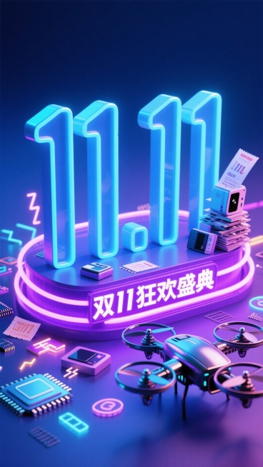 画面中有巨大的蓝色发光立体 “11.11” 艺术字体，环绕着带有 “双 11 狂欢盛典” 的紫色霓虹灯带。旁边是堆满数码产品、优惠券的无人机，周围散布着芯片、电光特效和科技感图标等元素，深蓝渐变背景，预览效果