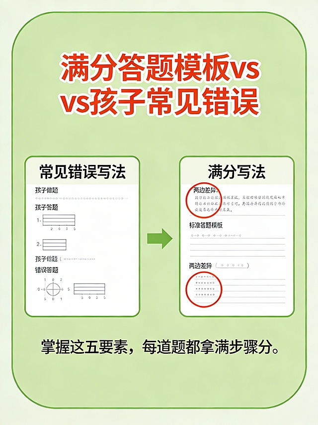 创建一个竖版长方形（3:4）的信息图表，背景颜色使用淡绿色（#98FB98）。标题：“满分答题模板 vs 孩子常见错误”使用大号字体（#FF4500）。左侧展示孩子常见的错误写法，标题”常见错误写法“，右侧展示标准满分写法，标题”满分写法“用红色（#FF4500）圈出差异点。中间用箭头连接，强调改进之处。底部加上一句：“掌握这五要素，每道题都拿满步骤分。”