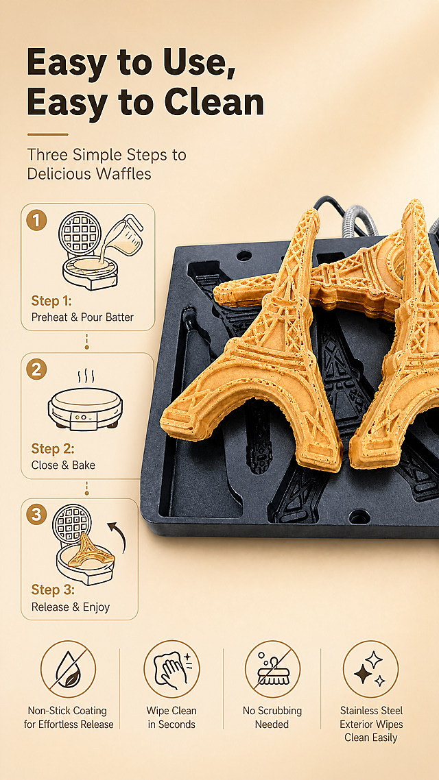 [商品] 使用【图2】华夫饼机烤盘带成品华夫饼图；保留烤盘结构、成品华夫饼造型、不粘涂层质感完全不变，产品图片不做任何改变。
[画面] 目标：使用步骤与易清洁页，展示操作简便与清洁便利。构图：左侧三步操作步骤说明，右侧产品烤盘成品展示。主体占比：产品占画面40%，位于右侧。阅读动线：左上标题→左侧三步步骤→右侧产品展示→底部清洁卖点。前景：烤盘与成品华夫饼。背景：暖米色渐变背景，干净简洁。
[视觉] 套系策略：风格=跨境极简高级商业摄影；标题字=现代无衬线粗体；正文字=简洁无衬线体；主色=暖金棕；背景延展=基于暖金棕做深浅层级、同色渐变和细腻哑光质感；强调色=深巧克力棕，仅用于小面积图标、引线和标签；标题色=深棕黑；正文色=中暖棕；组件=圆角步骤卡、数字序号图标、细线引线；光影=左前侧暖柔光，柔和阴影。
[文字] 左上主标题："Easy to Use, Easy to Clean"，副标题："Three Simple Steps to Delicious Waffles"。左侧三步：Step 1: "Preheat & Pour Batter"，Step 2: "Close & Bake"，Step 3: "Release & Enjoy"。底部清洁卖点："Non-Stick Coating for Effortless Release"、"Wipe Clean in Seconds"、"No Scrubbing Needed"、"Stainless Steel Exterior Wipes Clean Easily"。文字全部横向排版。
[规格] 图片比例9:16竖版，4K，避免变形、错字、文字过小、冷蓝/蓝灰背景、产品结构改变、华夫饼造型改变。
