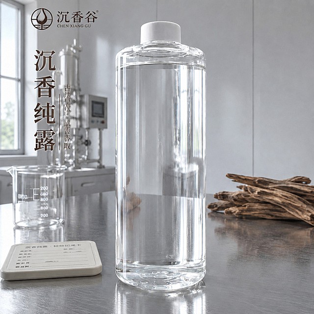 在图片左上角添加"沉香谷"品牌logo，并在合适位置添加文字"沉香纯露"，保持原图所有内容、构图、光影、画质不变，logo和文字自然融入画面不突兀，原图商品和背景保持不变。