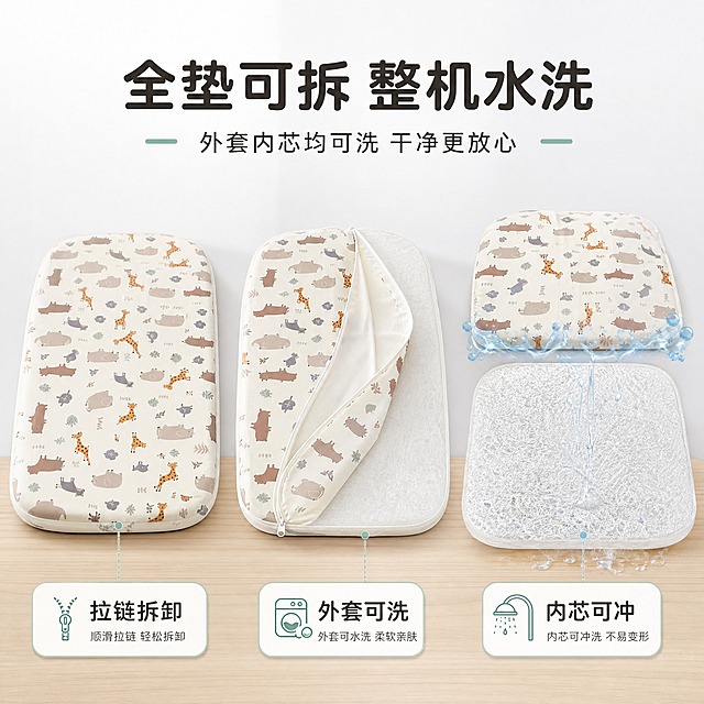[主图-3] 4D空气纤维婴儿床垫 全垫可拆可水洗 材质细节展示
[统一基调] 简约大气品牌化风格 奶油白+浅原木色主色 浅薄荷绿辅助色 圆润无衬线黑体 圆角轻量卡片 细引线图标 干净通透柔光 1688 B端专业感
[画面] 画面展示4D空气纤维婴儿床垫拆洗过程的三个状态：左侧是完整床垫带动物印花外套 中间是拉开拉链正在拆卸外套的状态 能看到拉链细节和内部4D纤维芯体 右侧是外套和纤维芯体分开平铺 外套下方有水花和泡沫图标表示可水洗 纤维芯体下方有水流冲洗的示意 背景为干净的浅灰白色 底部是浅原木色台面 床垫印花图案与原图一致
[光影质感] 商业产品摄影质感 柔和均匀顶光 拉链和面料细节清晰 纤维芯体有蓬松立体质感 水花效果通透自然 整体干净清爽
[配色] 浅灰白背景 浅原木色台面 天蓝色水花元素 浅薄荷绿标签 深灰棕色文字 色系统一
[文字版式] 顶部大标题"全垫可拆 整机水洗" 副标题"外套内芯均可洗 干净更放心" 三个状态下方分别用圆角小卡片标注"拉链拆卸" "外套可洗" "内芯可冲" 圆润黑体 标题粗体大字 说明文字小号清晰
[输出要求] 1:1正方形 2K分辨率 产品外观材质与原图一致 细节清晰 文字清晰无错字 无水印无平台Logo 简约大气