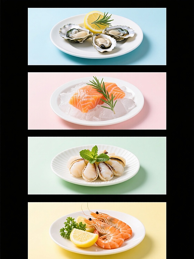 一组四张海鲜食材特写海报，每张均为纯色背景，第一张淡蓝色背景上是一盘新鲜生蚝配柠檬片与迷迭香，第二张淡粉色背景上是一盘冰镇三文鱼块配绿色香草，第三张淡绿色背景上是一盘扇贝柱点缀薄荷叶，第四张淡黄色背景上是一盘大虾配柠檬角与欧芹，所有食材均采用高清晰摄影风格，光线明亮柔和，突出食材的新鲜质感与细节，构图饱满居中，排布整齐统一，整体色调清新明快，无文字与logo。