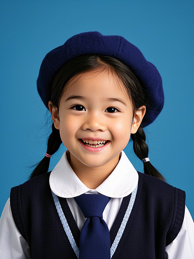 可爱女孩，甜美笑容，清新蓝背景