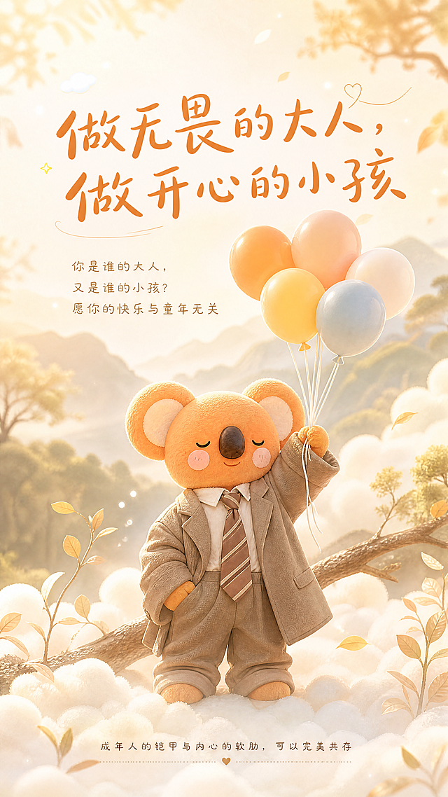 保持现有温暖治愈毛绒风格，IP形象是图中的橙色考拉懒宝，做反差萌设计：懒宝穿着稍微大一点的大人西装，代表风雨里的大人，手里举着一个彩色的气球，代表阳光下的小孩。主文案："做无畏的大人，做开心的小孩"。副文案："你是谁的大人，又是谁的小孩？愿你的快乐与童年无关"。最底部文案："成年人的铠甲与内心的软肋，可以完美共存"
