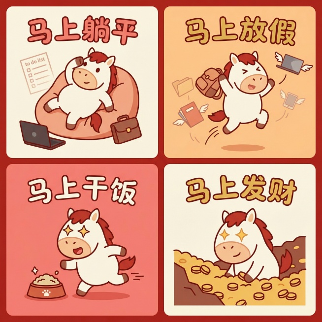 治愈系扁平化插画风格，一张马年新春热梗四宫格表情包插画。

画面为一个正方形画布，被均匀分成四个小格子（四宫格布局），每个格子中都是同一只可爱拟人化的小马角色，角色形象保持一致：大头小身体，圆润比例，预览效果