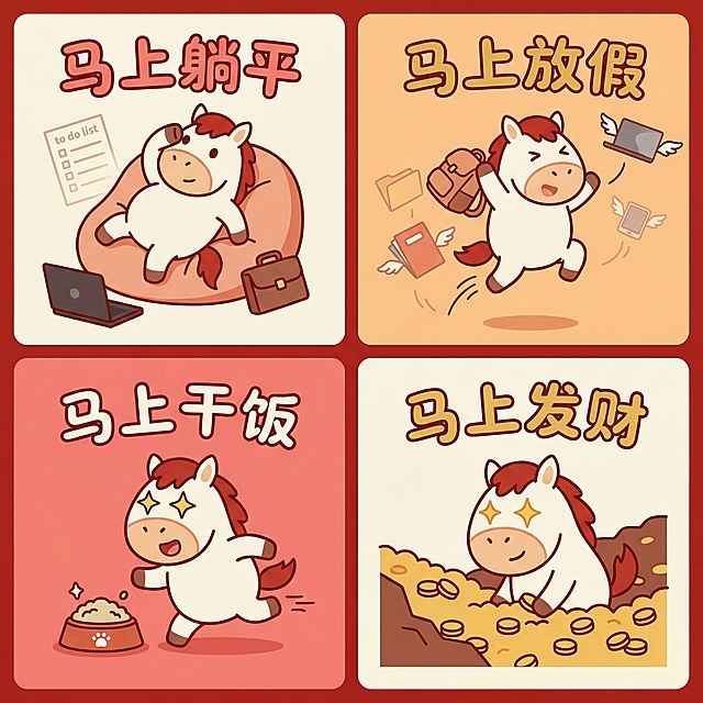 治愈系扁平化插画风格，一张马年新春热梗四宫格表情包插画。

画面为一个正方形画布，被均匀分成四个小格子（四宫格布局），每个格子中都是同一只可爱拟人化的小马角色，角色形象保持一致：大头小身体，圆润比例，线条简洁，整体风格统一。

四个格子内容分别为：

左上格：「马上躺平」
小马以一个非常慵懒的“葛优躺”姿势，瘫在柔软的豆袋沙发或云朵上。
一只前蹄随意地垂下，另一只搭在额头上，做出“终于歇了”的姿势。
身边散落着象征“忙碌”的物件，如褪色的待办清单、熄灭的电脑屏幕、小小的公文包，但这些物件都显得暗淡且被推远。

右上格：「马上放假」
小马呈跳跃腾空状，将书包、文件夹、笔记本电脑高高抛向身后。
这些被抛起的物品在空中褪色、变小，甚至长出翅膀飞走。

左下格：「马上干饭」
小马冲向饭盆，眼睛变成星星。

右下格：「马上发财」
小马挖到金币矿，眼冒金光。

每个格子内都配有对应文字：
「马上躺平 / 马上放假 / 马上干饭 / 马上发财」
文字为圆润可爱的手写风中文字体，白色或金黄色字体，搭配红色描边，清晰易读。

整体色彩为治愈亮色系新年配色：
主色调为暖红色、奶油米白、浅橙色
点缀少量金色
四个格子的背景颜色略有变化，但整体和谐统一，可使用浅米白、淡橙、浅红等纯色背景。

插画风格为扁平化设计，色块清晰，无复杂光影和写实质感，画面简洁、治愈、有年味，非常适合社交平台发布的马年热梗表情包合集。