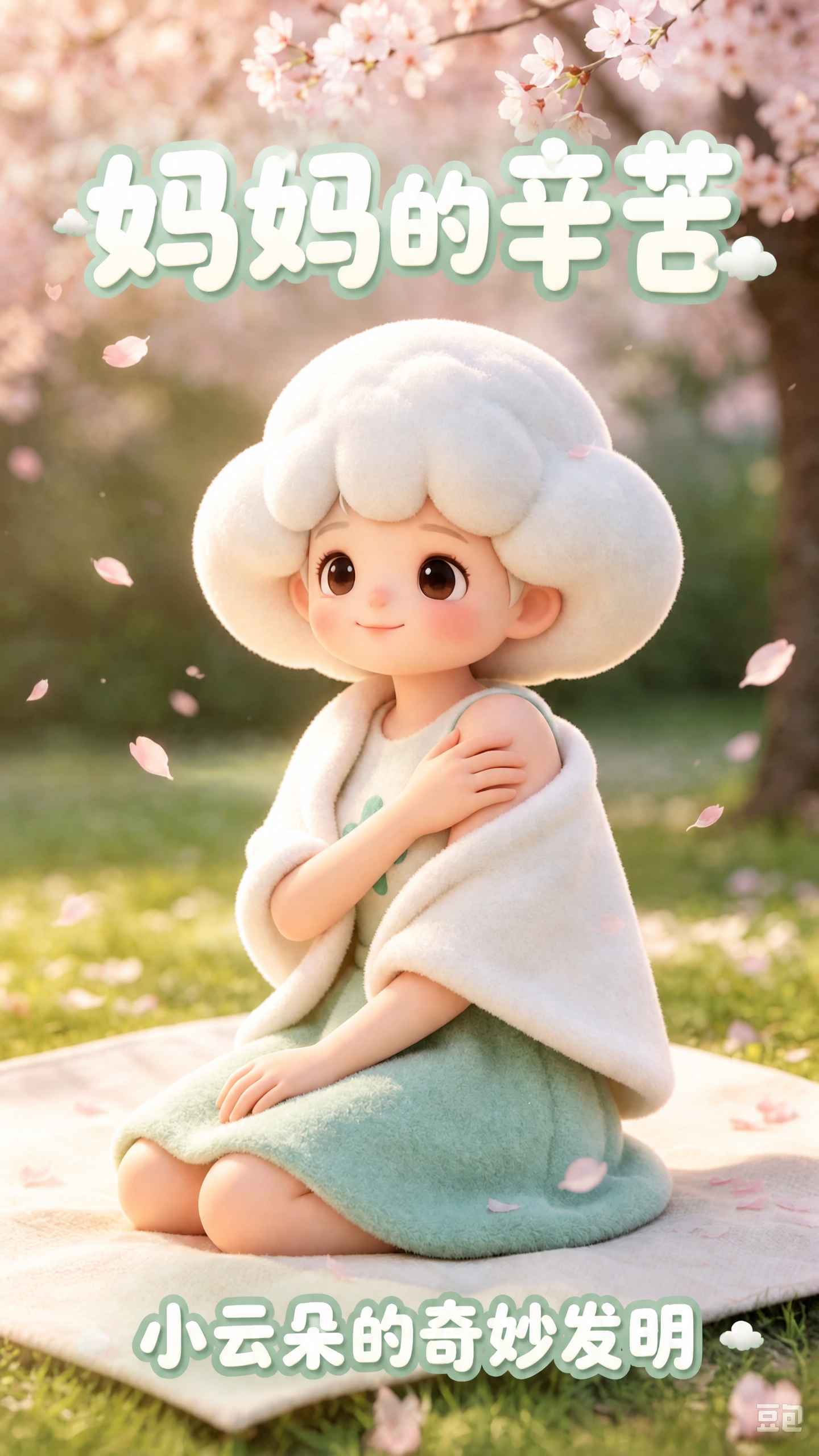 在这张樱花树下小云朵女孩的图片上添加文字排版，保持原图所有元素… - 图片创意预览