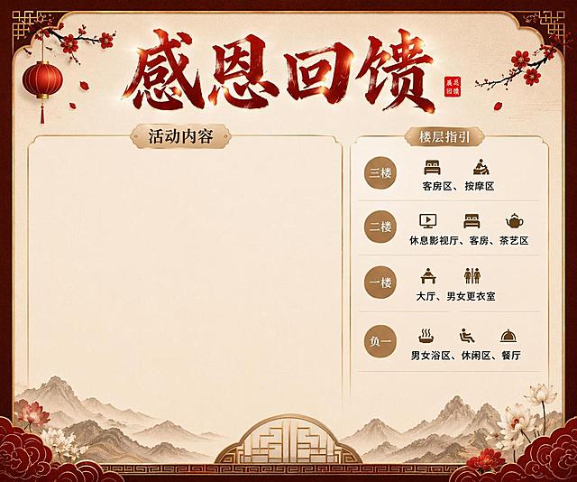 加深背景红色调，调整为更深邃稳重的红棕色系，提升整体高档质感，保持其他所有调整不变：主标题"感恩回馈"为红色，活动内容区域清空，框缩短预留底部广告区，楼层指引文字保留，左右边框完整，底部添加简约新中式装饰，保持4K清晰大图，比例6:5