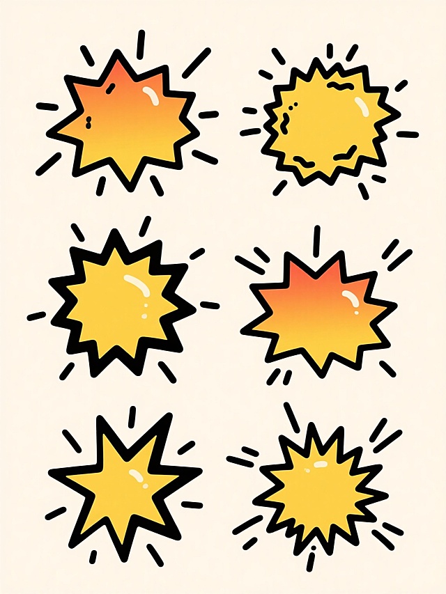手绘风格爆炸形状设计素材，六个不同配色、不同样式、不同材质的爆炸造型，采用上下两行对齐排列，浅色背景，线条粗犷随意，带有黑色轮廓和黄色渐变填充，边缘有不规则的锯齿状和放射状线条，整体呈现出活泼、醒目的卡通涂鸦效果。