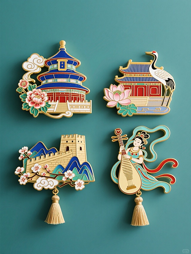 中国传统景泰蓝工艺风格的系列冰箱贴设计，纯色背景，保持原有的金色描边、蓝红主色调和立体浮雕质感，包含四个完全不同造型的元素：第一个是天坛祈年殿搭配祥云和牡丹，第二个是故宫角楼与仙鹤莲花组合，第三个是长城烽火台配梅花和山峦，第四个是敦煌飞天仙女与反弹琵琶图案，所有冰箱贴均带有精致流苏挂坠，整体呈田字形规整排布，每个元素都具有细腻的珐琅釉彩和金属光泽，营造出典雅庄重的中式美学氛围。