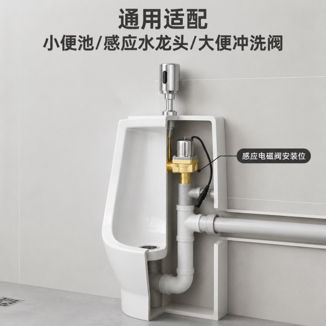 [主图-10] 适用场景展示图
[氛围风格] 实景应用，展示通用性
[画质] 高清实景合成，产品清晰真实
[元素] 感应电磁阀安装在小便池进水接口位置的剖面示意图，产品保持外观结构与原图一致，精细化处预览效果