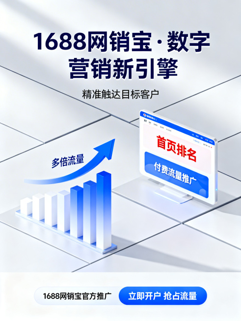 设计一张1688网销宝营销推广海报，包含关键词：1688网销宝、数字营销、付费流量推广、首页排名、多倍流量，商务电商风格，现代简约设计，突出营销推广主题预览效果